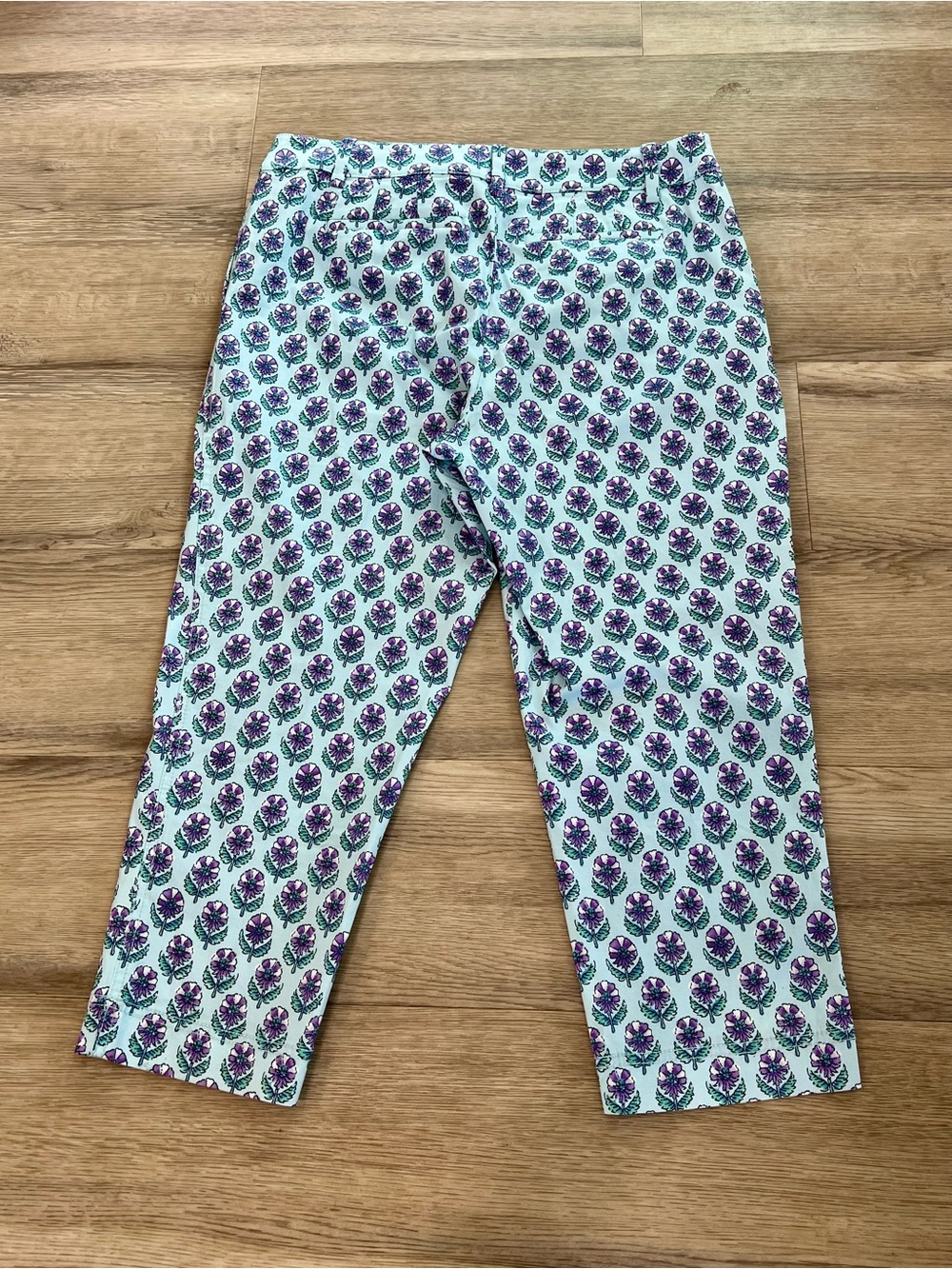 Talbots Floral Print Perfect Crop Capri Pants Woodblock Bud Blue Womens 12 p